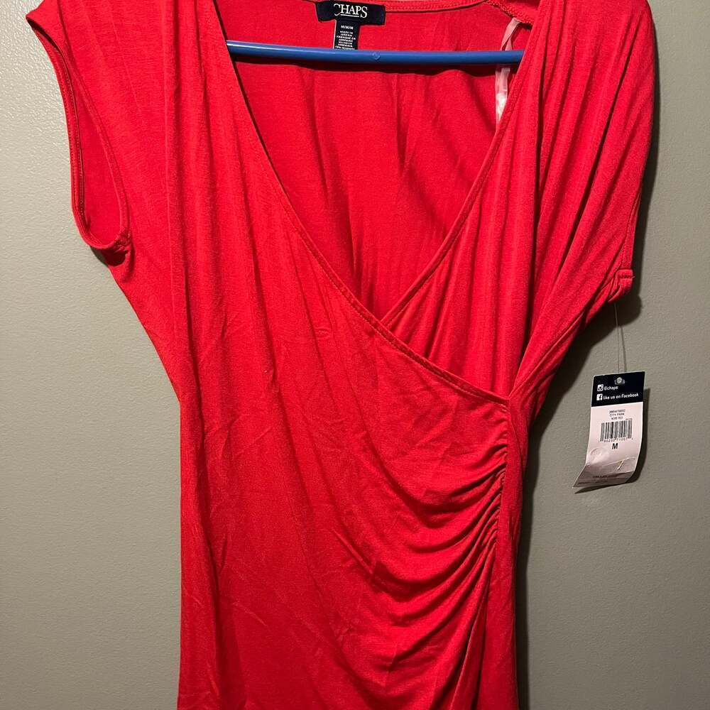 Chaps Red Short Sleeve Ruched V-Neck Dress